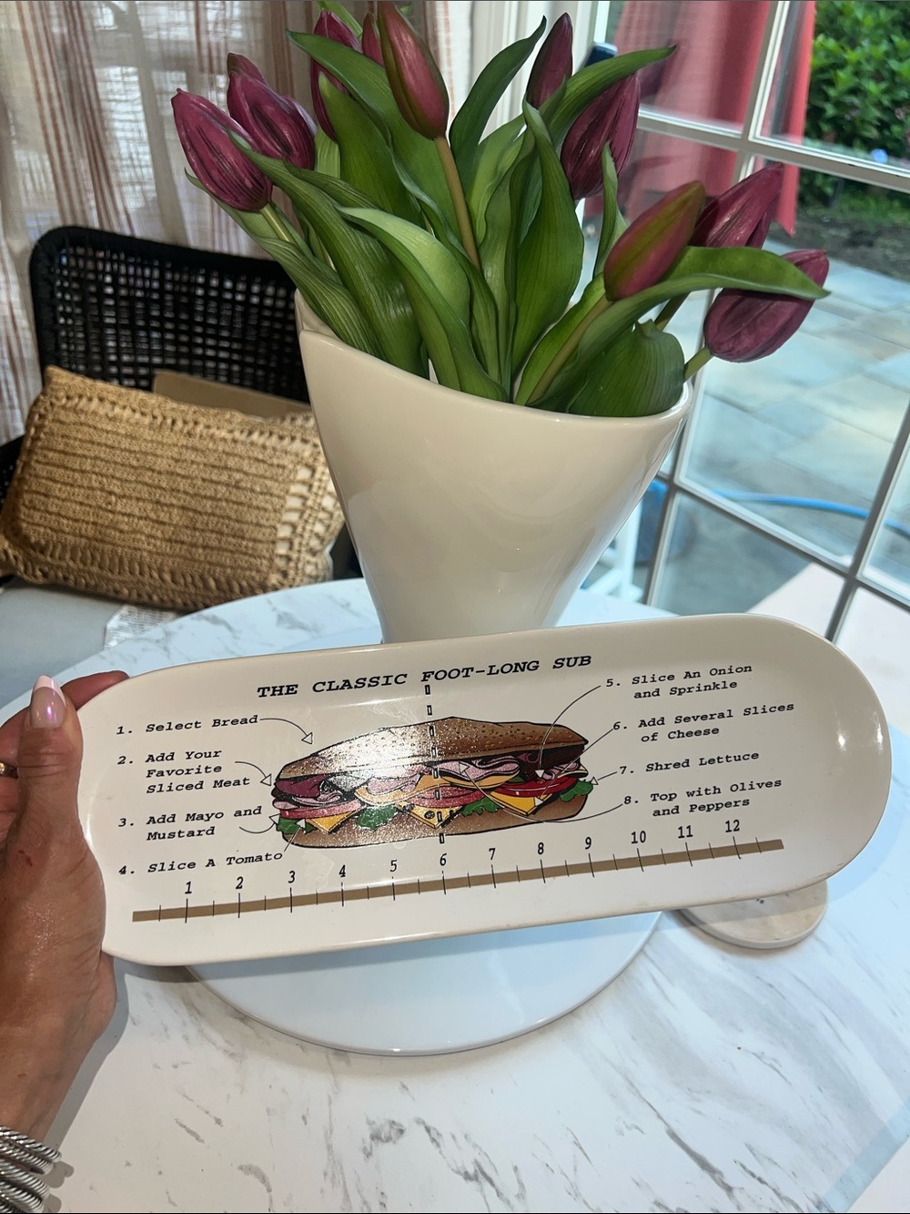 White Ceramic Foot-Long Sub Serving Platter with Sandwich Guide
